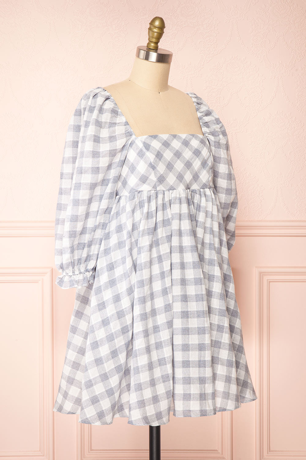 Conie Blue | Puffed Sleeves Short Checkered Dress side view 