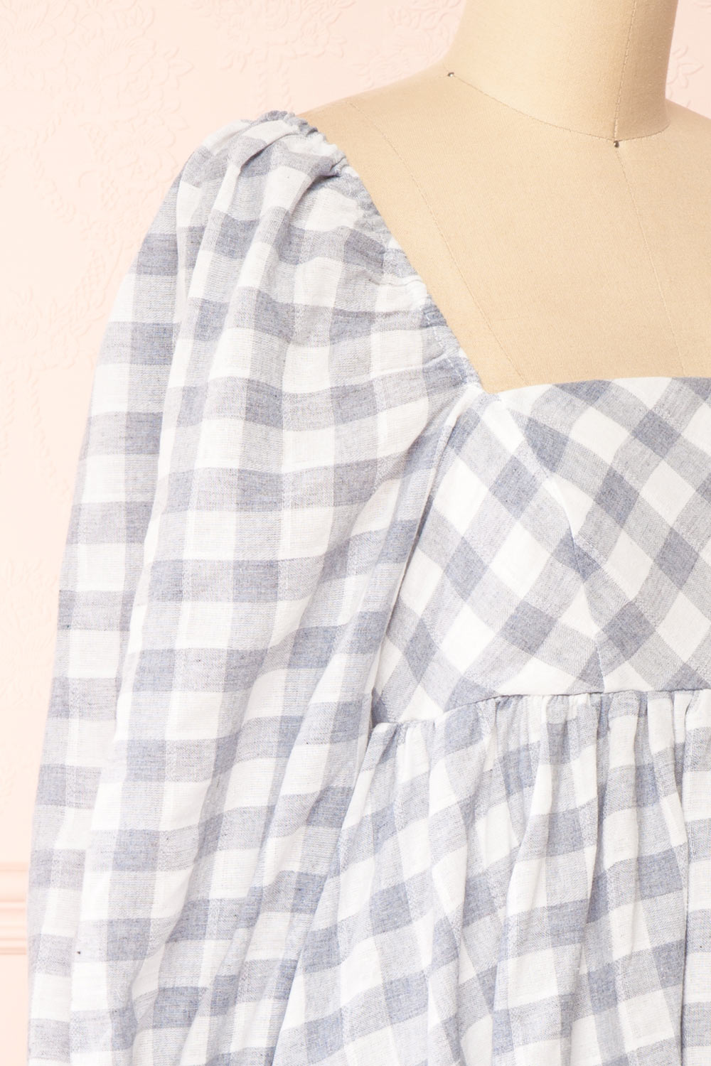 Conie Blue | Puffed Sleeves Short Checkered Dress side close-up