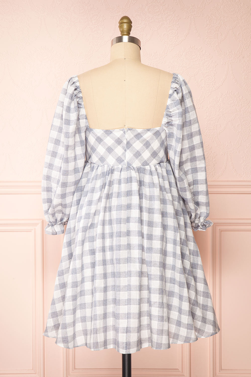 Conie Blue | Puffed Sleeves Short Checkered Dress back view 