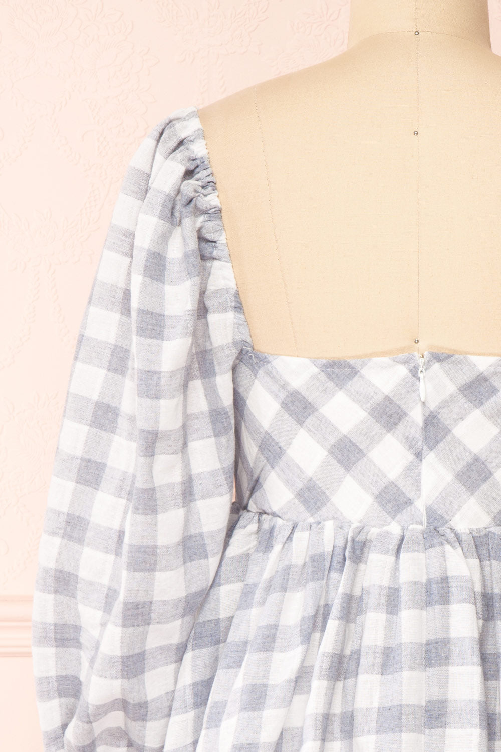 Conie Blue | Puffed Sleeves Short Checkered Dress back close-up
