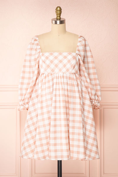 Conie Pink | Puffed Sleeves Short Checkered Dress front view