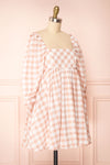 Conie Pink | Puffed Sleeves Short Checkered Dress side view