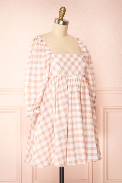 Conie Pink | Puffed Sleeves Short Checkered Dress side view