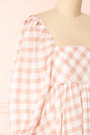 Conie Pink | Puffed Sleeves Short Checkered Dress side close-up
