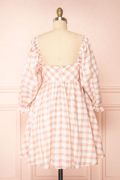 Conie Pink | Puffed Sleeves Short Checkered Dress back view