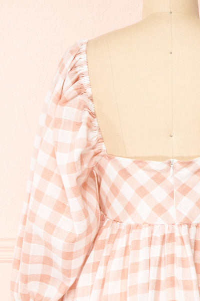 Conie Pink | Puffed Sleeves Short Checkered Dress back close-up
