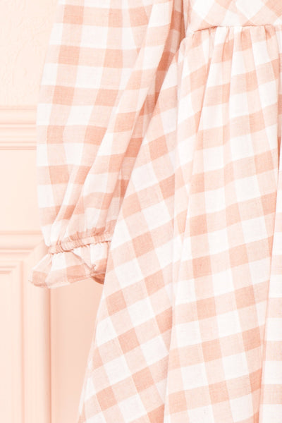 Conie Pink | Puffed Sleeves Short Checkered Dress sleeve