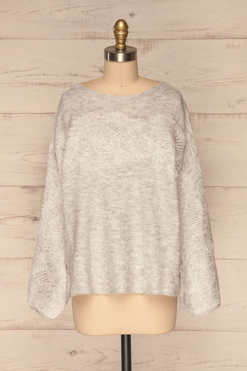 Consolata Grey Loose Knit Sweater w/ Lace | Boutique 1861  front view 