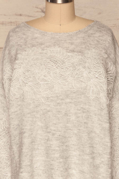 Consolata Grey Loose Knit Sweater w/ Lace | Boutique 1861  front close-up