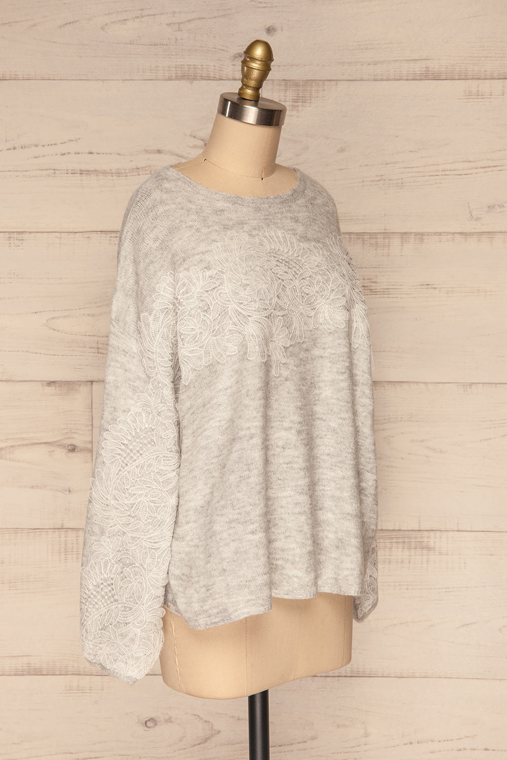 Consolata Grey Loose Knit Sweater w/ Lace | Boutique 1861  side view 