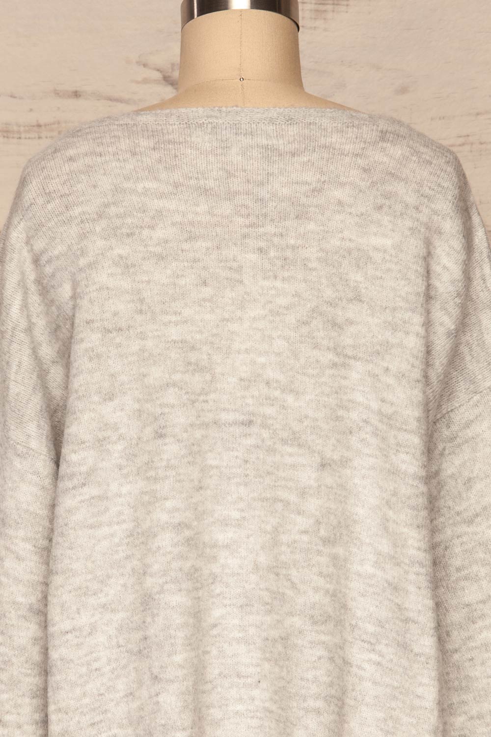 Consolata Grey Loose Knit Sweater w/ Lace | Boutique 1861 back close-up