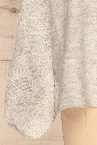 Consolata Grey Loose Knit Sweater w/ Lace | Boutique 1861  bottom close-up