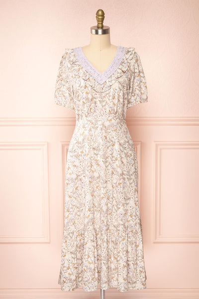 Corinne Floral Midi Dress w/ Embroidered Neckline | Boutique 1861 front view