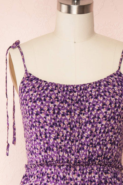 Coronis Purple Layered Floral Jumpsuit | La petite garçonne front close up