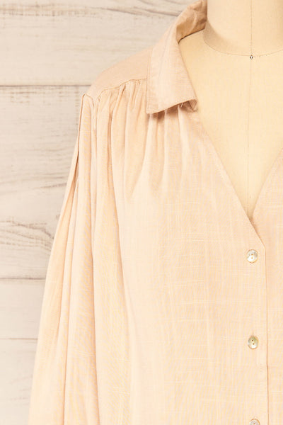 Crawley Beige Linen Button-Up Blouse | La petite garçonne front close-up