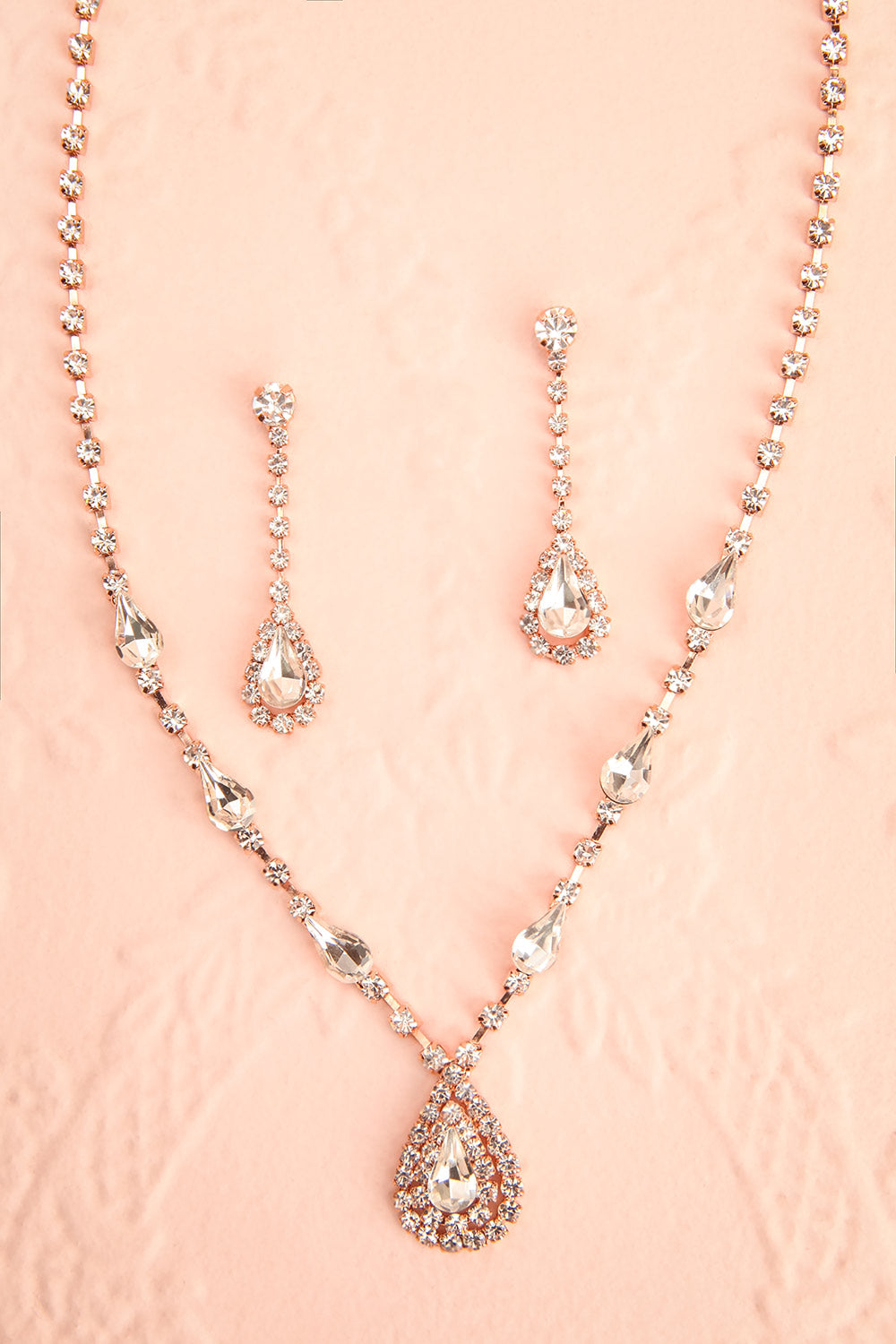 Cyrus Rosegold Crystal Earrings & Necklace Set | Boutique 1861 flat view