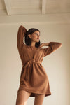 Macie Rust Long Sleeve Soft Knit Dress w/ Fabric Belt | La petite garçonne model