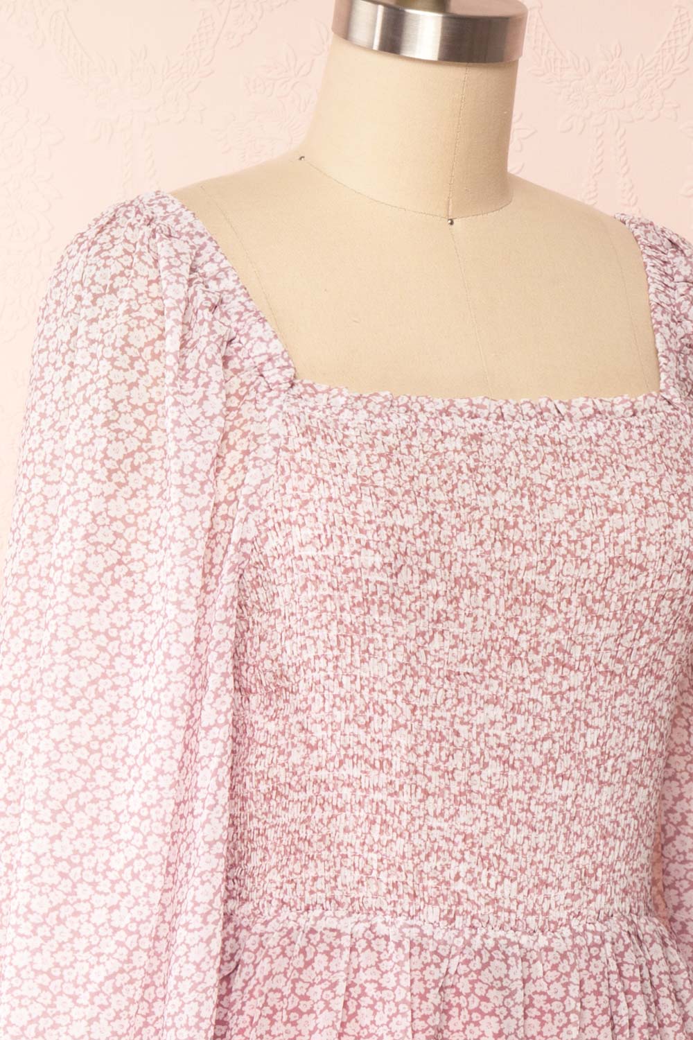 Daisa Mauve Midi Floral Dress w/ Long Sleeves | Boutique 1861 side close up