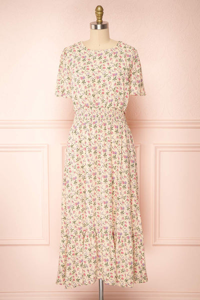 Dalida Beige Round Neck Floral Midi Dress w/ Ruffles | Boutique 1861 front view
