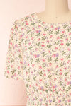 Dalida Beige Round Neck Floral Midi Dress w/ Ruffles | Boutique 1861 front close-up