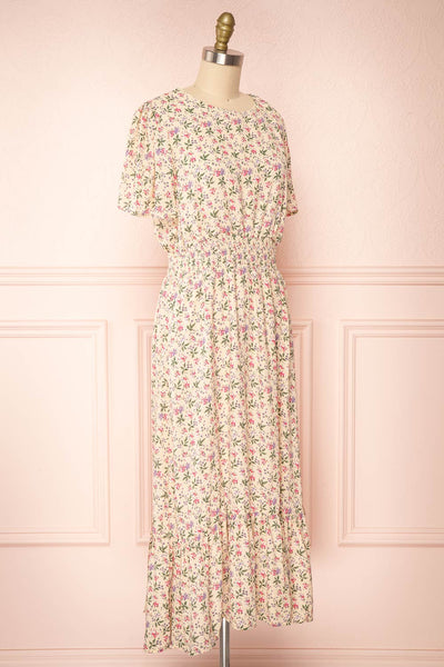 Dalida Beige Round Neck Floral Midi Dress w/ Ruffles | Boutique 1861 side view