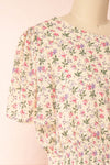 Dalida Beige Round Neck Floral Midi Dress w/ Ruffles | Boutique 1861 side close-up