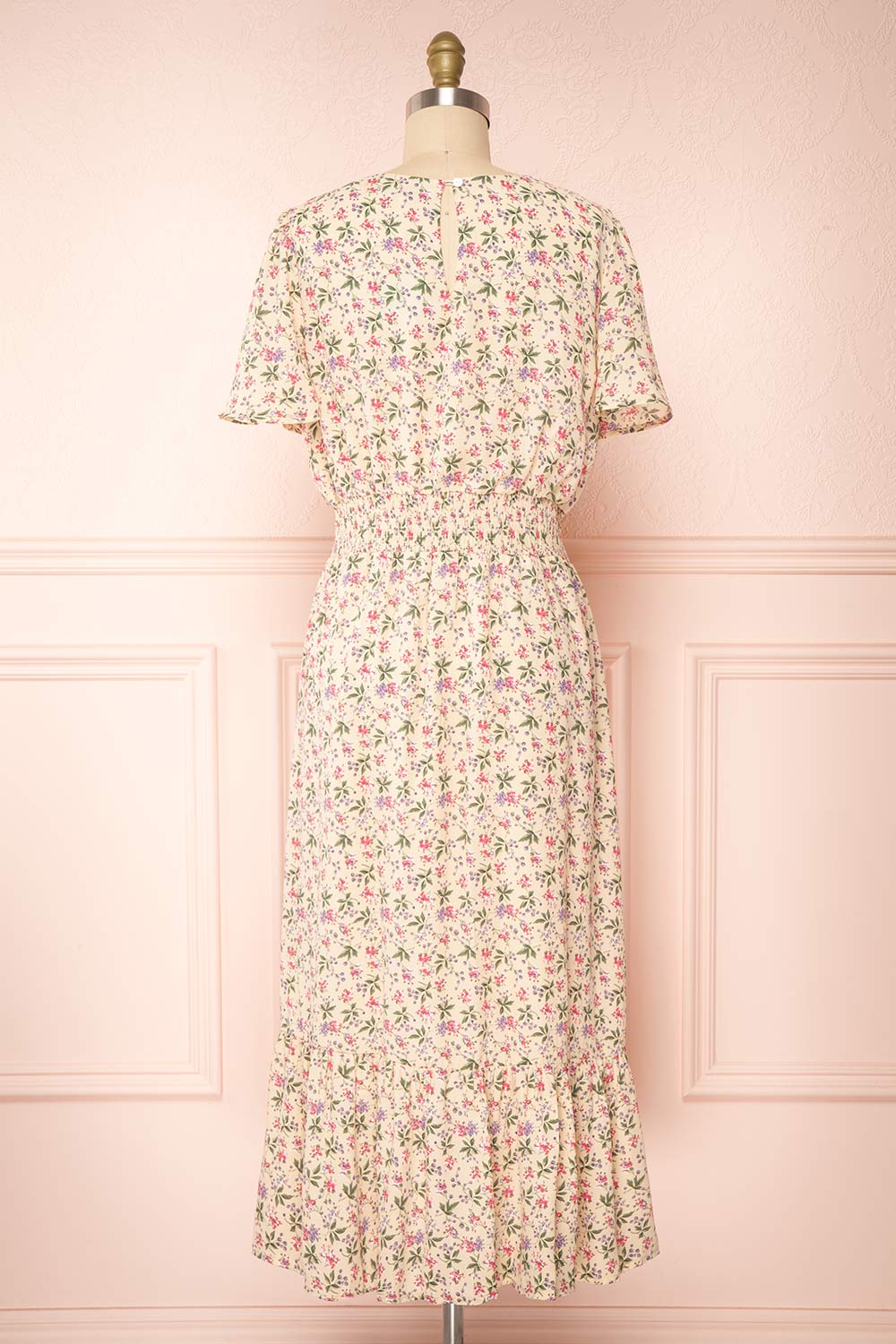 Dalida Beige Round Neck Floral Midi Dress w/ Ruffles | Boutique 1861 back view 