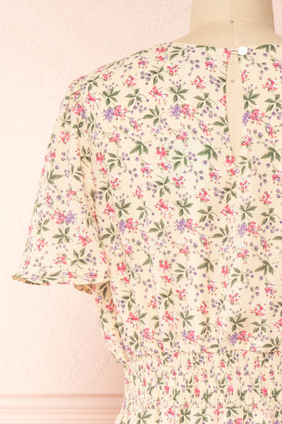 Dalida Beige Round Neck Floral Midi Dress w/ Ruffles | Boutique 1861 back close-up