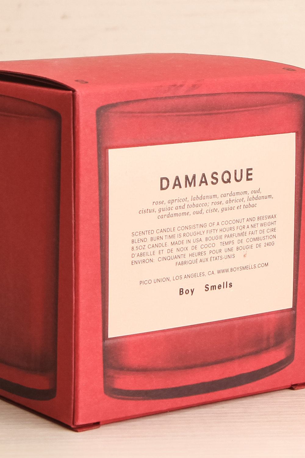 Chandelle Damasque Red Perfumed Candle | La Petite Garçonne Chpt. 2 box close-up