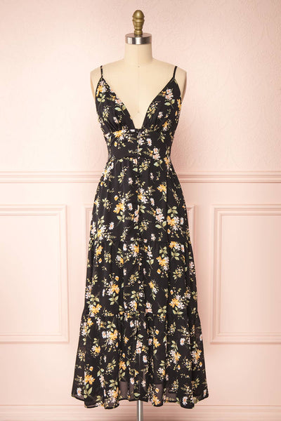 Danielle Black Floral Button-up Midi Dress | Boutique 1861 front view
