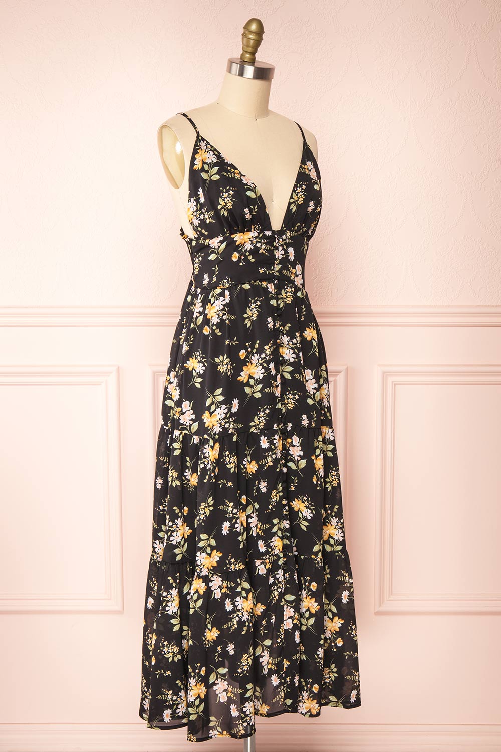 Danielle Black Floral Button-up Midi Dress | Boutique 1861 side view