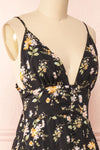 Danielle Black Floral Button-up Midi Dress | Boutique 1861 side close-up