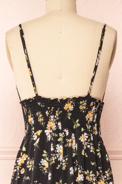 Danielle Black Floral Button-up Midi Dress | Boutique 1861 back close-up