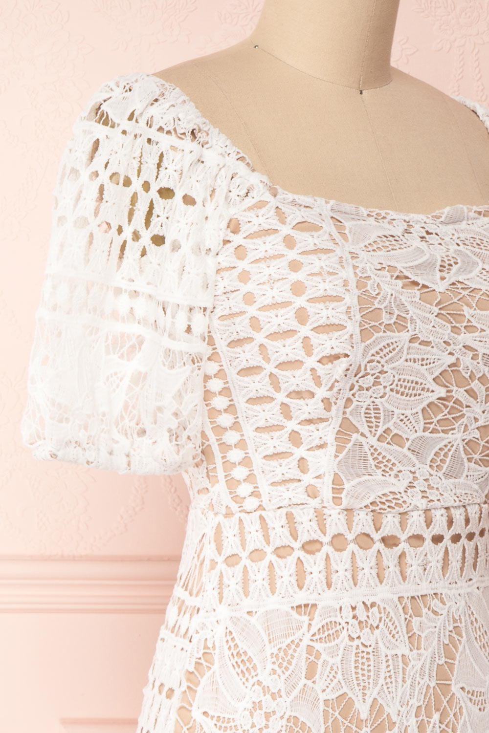 Daphnee Ivoire White Lace Fitted Cocktail Dress side close-up | Boutique 1861 side close-up