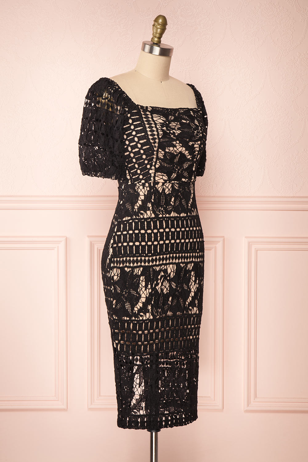 Daphnee Noir Black Lace Fitted Cocktail Dress | Boutique 1861 side view 