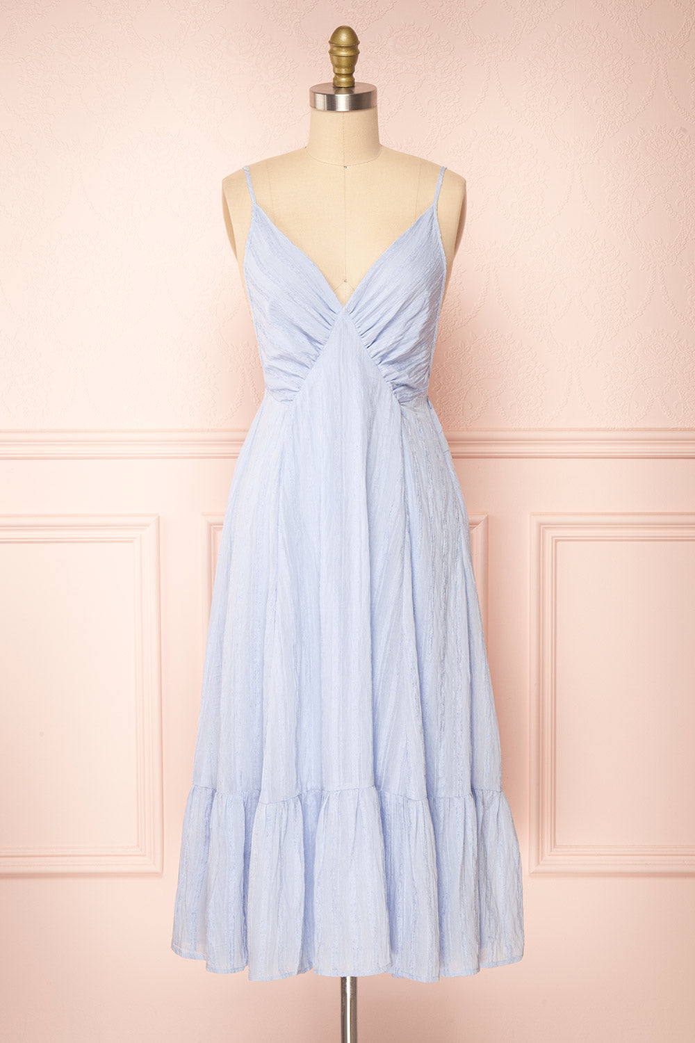 Darby Blue Plunged Neckline Textured Midi Dress | Boutique 1861 front view 