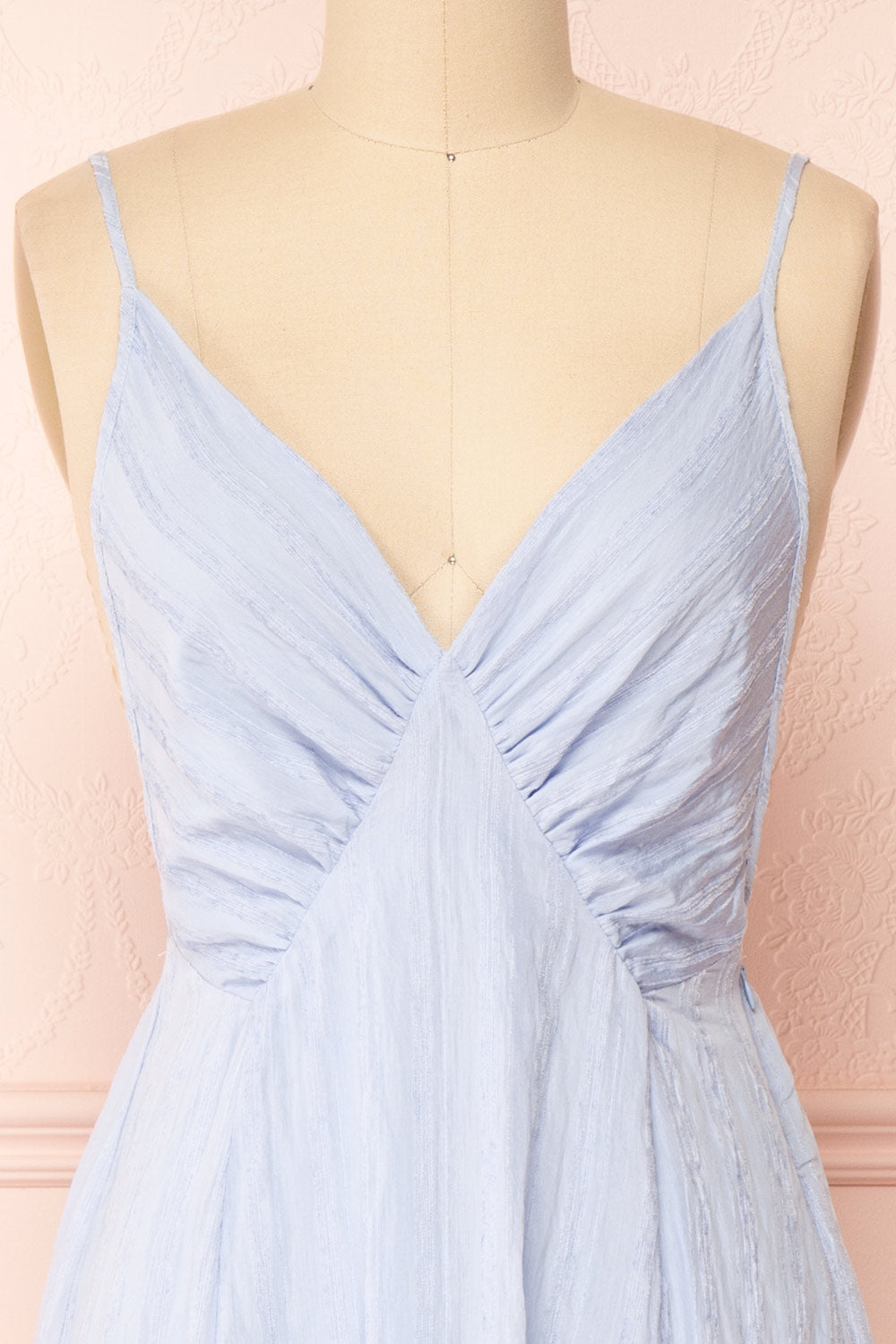 Darby Blue Plunged Neckline Textured Midi Dress | Boutique 1861 front close-up