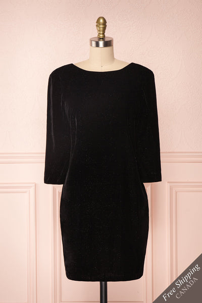 Davorka Black Shimmering Velvet Cocktail Dress  | FRONT VIEW | Boutique 1861