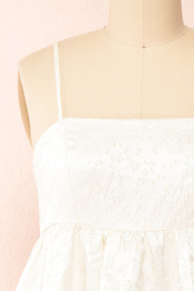 Daya White Satin Embroidered Babydoll Dress | Boutique 1861  front close-up
