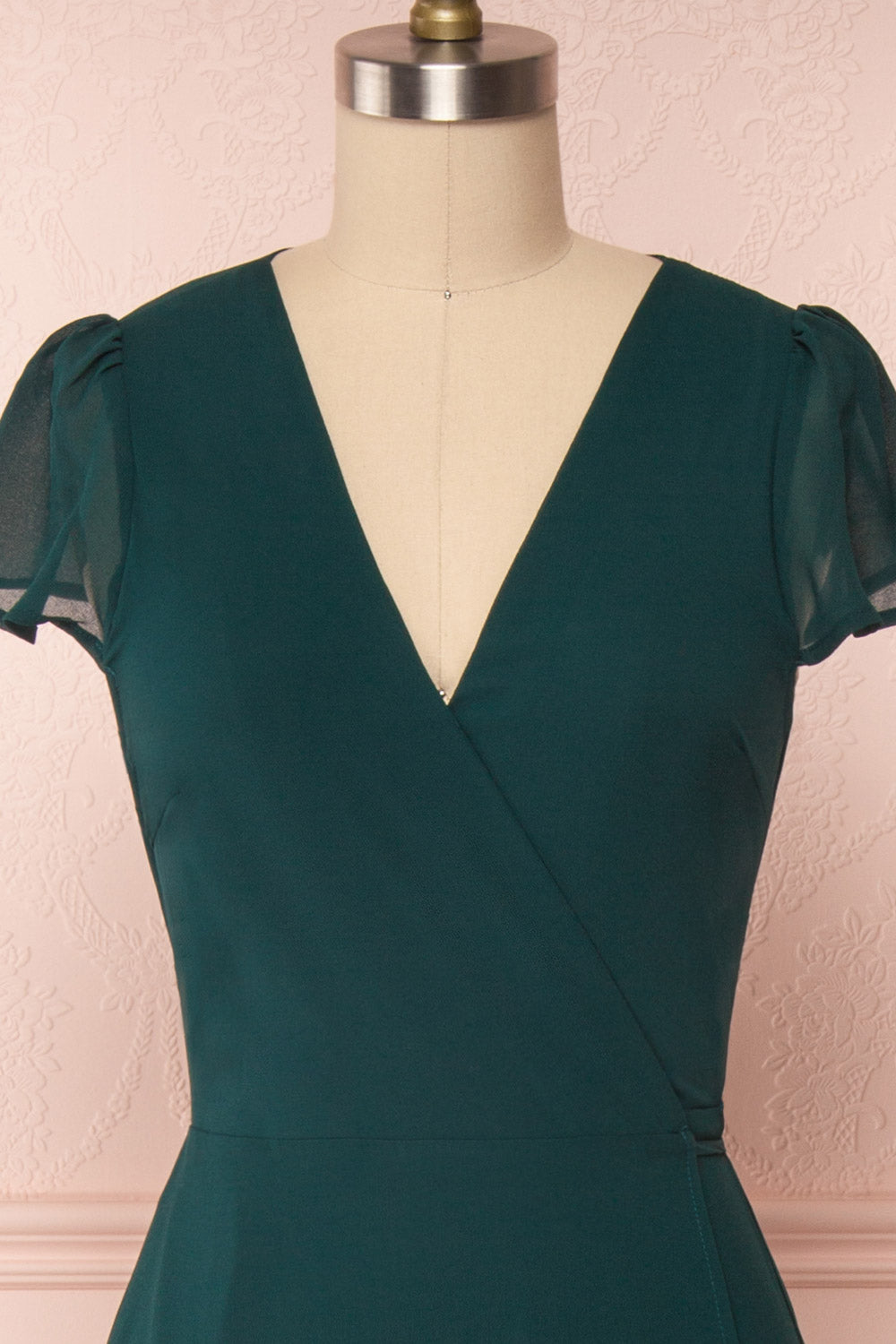 Debbie Émeraude Emerald Minimal Maxi Wrap Dress | Boudoir 1861 front close-up