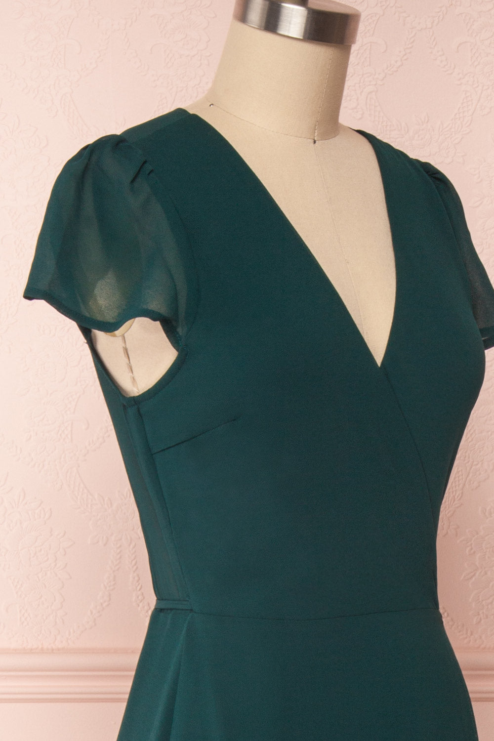 Debbie Émeraude Emerald Minimal Maxi Wrap Dress | Boudoir 1861 side close-up