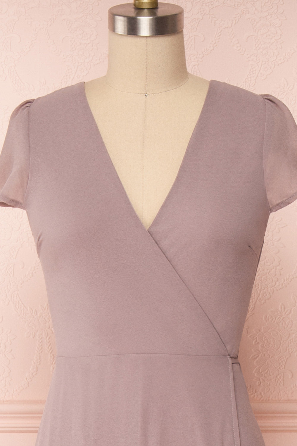 Debbie Taupe Mauve Minimalist Maxi Wrap Dress | Boudoir 1861 front close-up