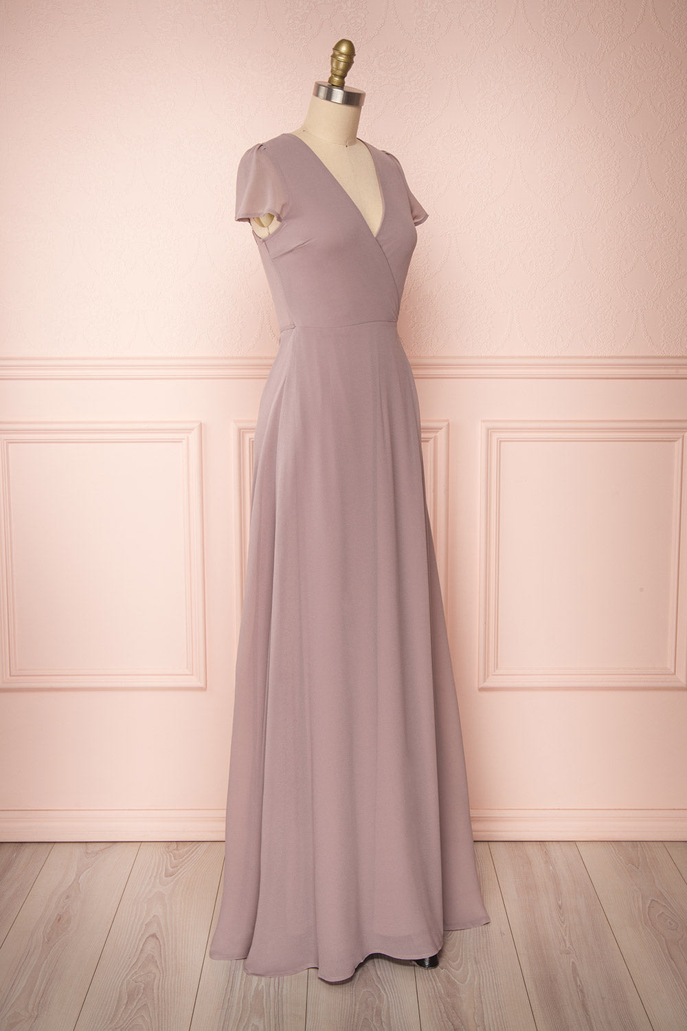 Debbie Taupe Mauve Minimalist Maxi Wrap Dress | Boudoir 1861 side view