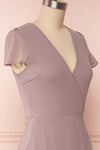 Debbie Taupe Mauve Minimalist Maxi Wrap Dress | Boudoir 1861 side close-up