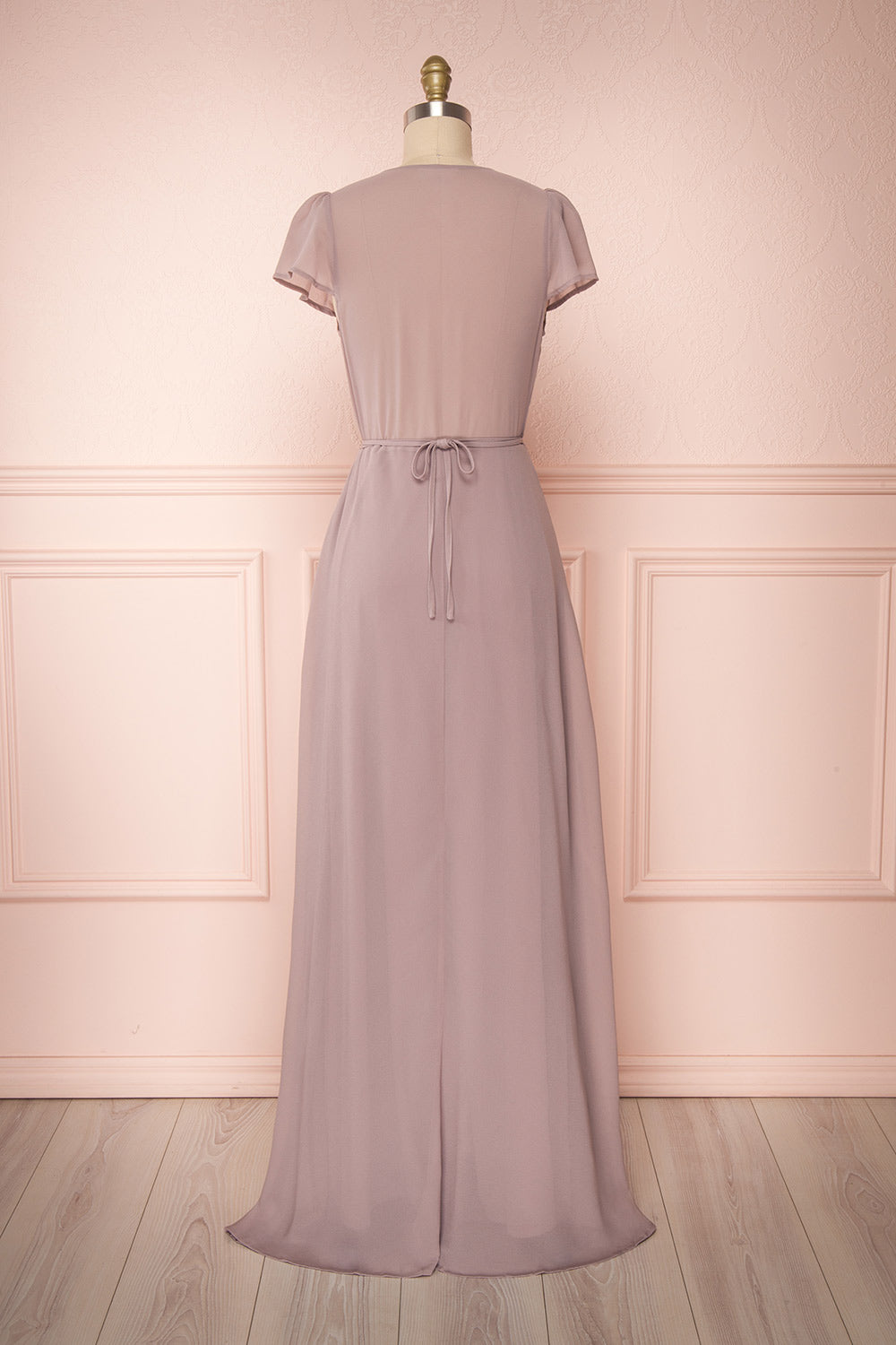 Debbie Taupe Mauve Minimalist Maxi Wrap Dress | Boudoir 1861 back view