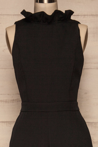 Delft Noir Black Jumpsuit w/ Stand Collar front close up | La Petite Garçonne