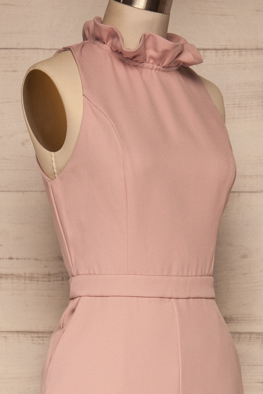 Delft Rose Pink Jumpsuit w/ Stand Collar side close up | La Petite Garçonne