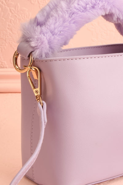 Deliah Lilac Small Handbag w/ Fluffy Handle | Boutique 1861 side close-up