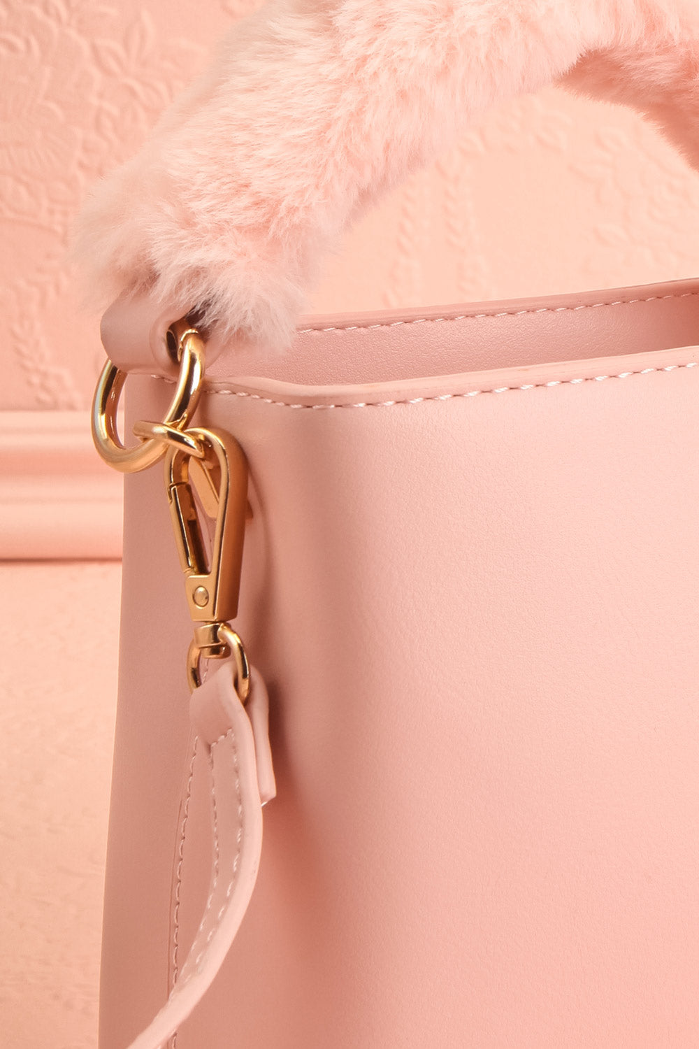 Deliah Pink Small Handbag w/ Fluffy Handle | Boutique 1861 side close-up