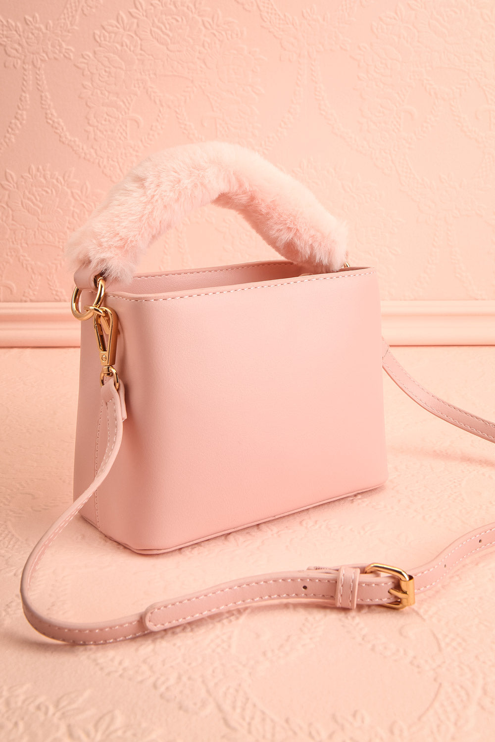 Deliah Pink Small Handbag w/ Fluffy Handle | Boutique 1861 side view